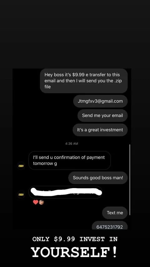 Screenshot of a text message conversation about a fake investment scam involving payment of $9.99 for a .zip file.