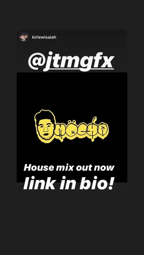 Instagram story promoting @jtmgfx's house music mix, featuring a yellow cartoon illustration of a man's face and a cookie with the word 'cookie' written across it, with text indicating the mix is available via a link in bio.