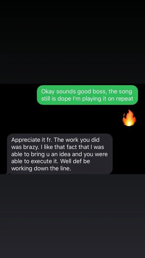 Screenshot of a text message conversation with green and gray message bubbles discussing music work and praise, including a fire emoji.
