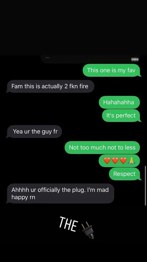 Screenshot of a text message conversation discussing a fire and a plug, with emojis and a graphic of a power plug at the bottom.