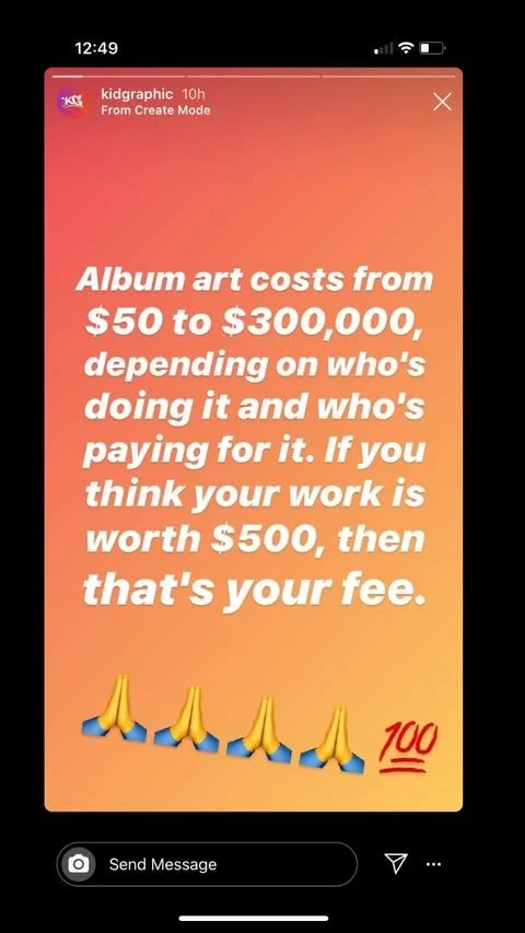 A social media post from KidGraphich discussing the cost of creating album art, which ranges from $50 to $300,000 depending on the artist and payment. The post suggests a fee of $500 if the work is deemed worth it. The bottom of the post features emo