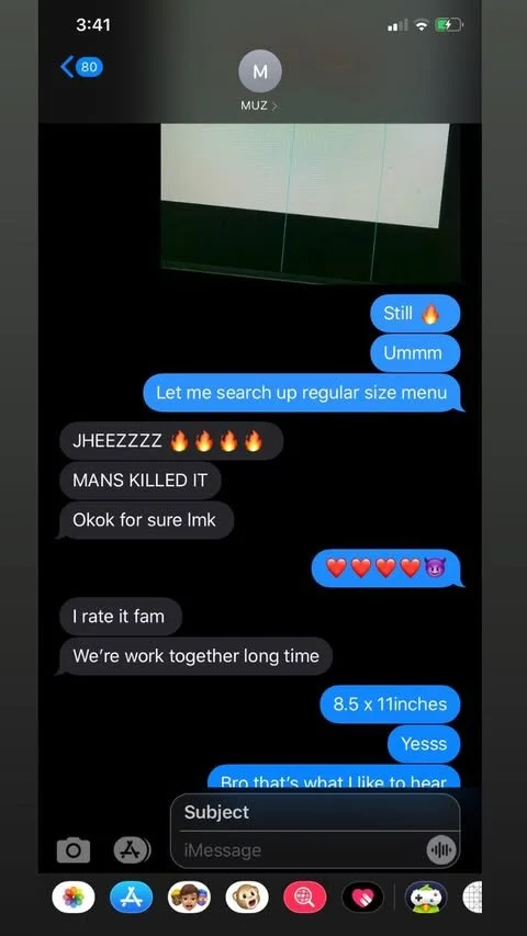 Screenshot of a text conversation on a smartphone, with blue and black message bubbles discussing searching for a menu, rating something, and details about a product measure.