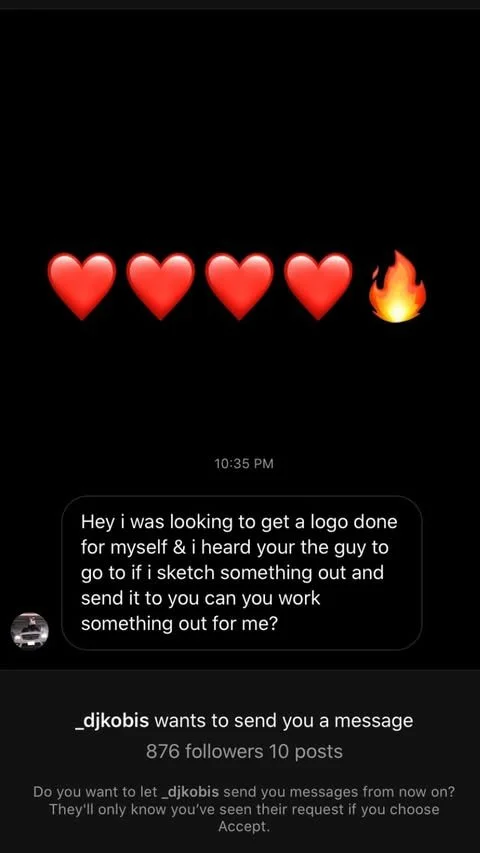 Four red heart emojis followed by a fire emoji on a black background, with a text message offering to create a logo.