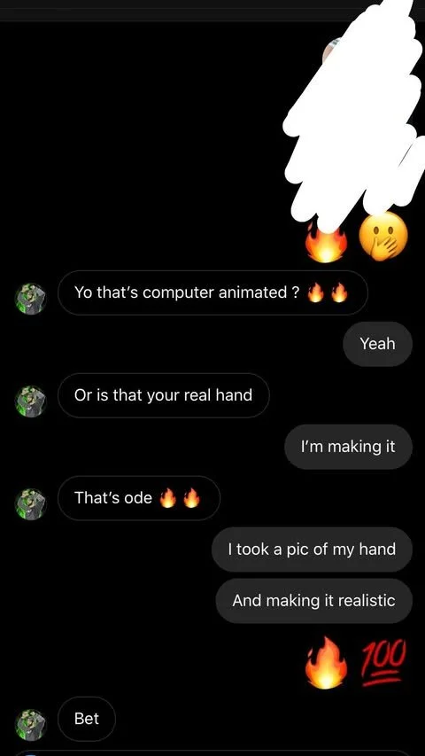 Text message conversation about creating a realistic hand drawing, with fire and 100 emojis.