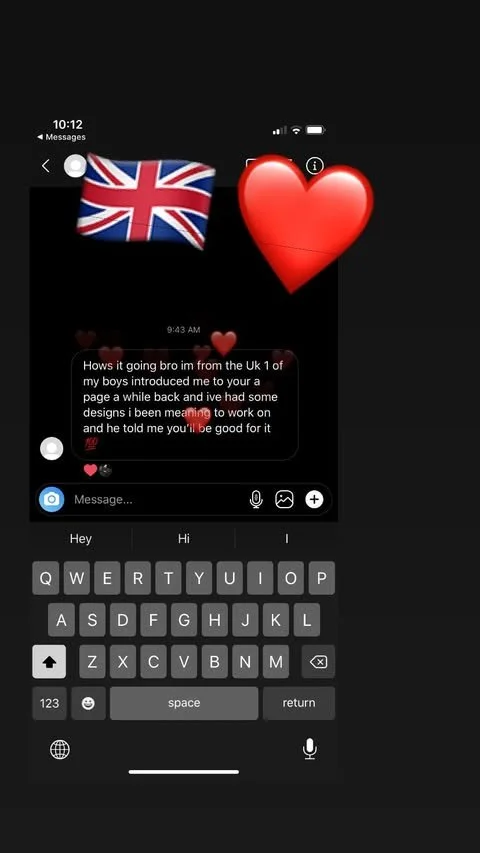 Screenshot of a messaging app conversation with a British flag emoji, a red heart emoji, and a message discussing designing and working on a project, with the message timestamped at 9:43 AM.