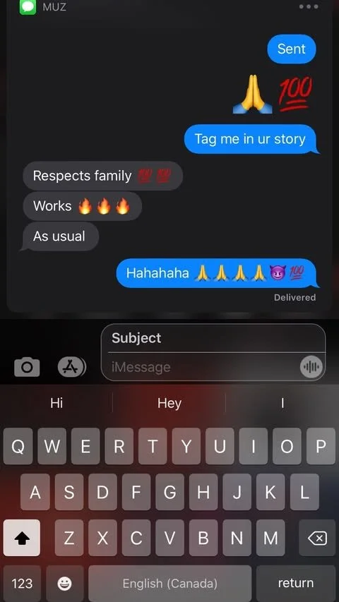 Screenshot of a text message conversation on a smartphone with emojis and brief messages, including expressions of respect, work, humor, and enthusiasm.
