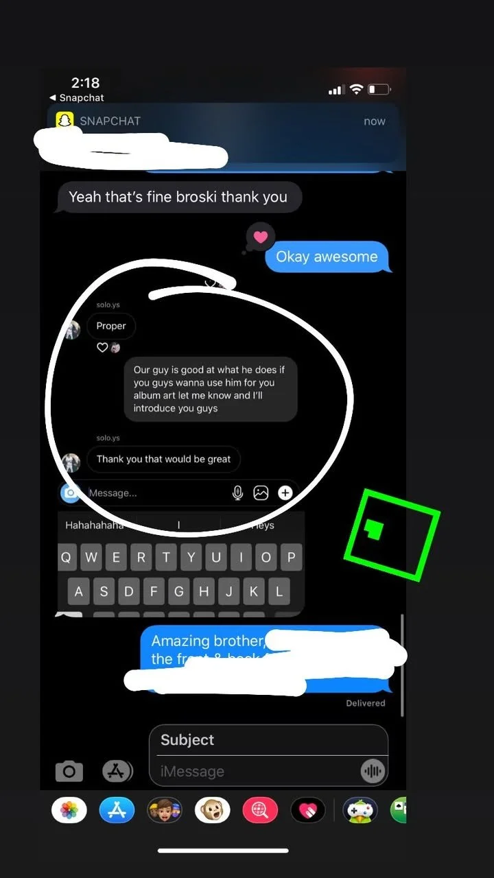 A screenshot of a Snapchat conversation on a smartphone, showing multiple text messages and emojis, with some text highlighted and a green arrow pointing to a specific part of the conversation.