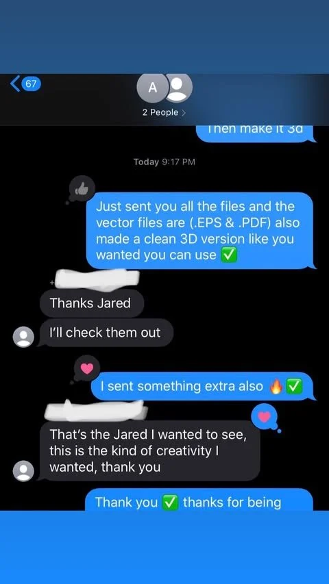 A screenshot of a messaging app chat between two people discussing files including vector files in .EPS and PDF format and a clean 3D version, with messages thanking each other for the files and extra items sent.