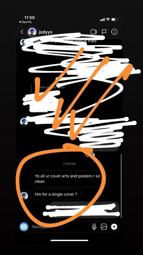 Screenshot of a private Instagram or social media chat with a conversation about art and posters, with handwritten orange annotations and arrows pointing to the messages.