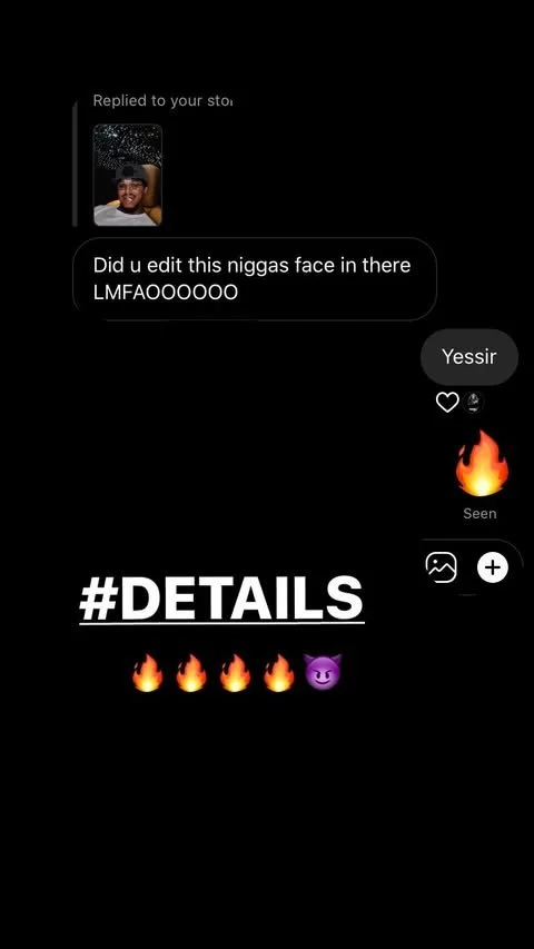 A screenshot of a social media chat conversation with a black background, showing a profile picture of a smiling person, and a message thread discussing editing a face image. There are emojis including a fire, a purple devil, and text with hashtags a