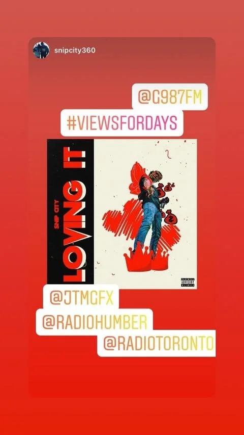Instagram story with red background, promoting radio station C98.7 FM F, with hashtags #VIEWSFORDAYS and tagging radio stations JTMGFX, RADIOHUMBER, and RADIOTORONTO. Contains artwork of a person standing with inverse red and black shapes.