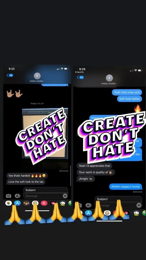 Screenshots of a messaging app conversation with stickers and text messages, including phrases like "Create Don't Hate" and emojis such as praying hands and fire.