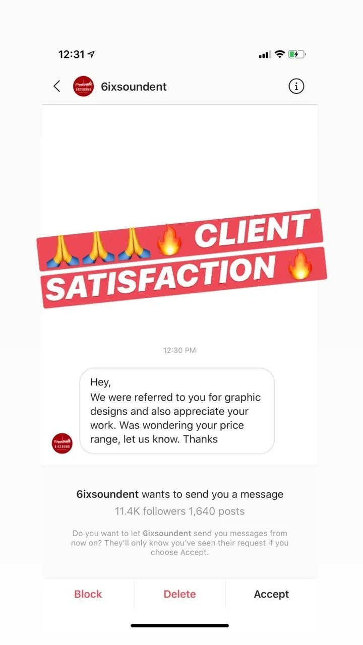 Screenshot of a social media message from 6ixsoundent with graphic design saying 'CLIENT SATISFACTION' in bold white letters with fire emojis and praying hands emojis.
