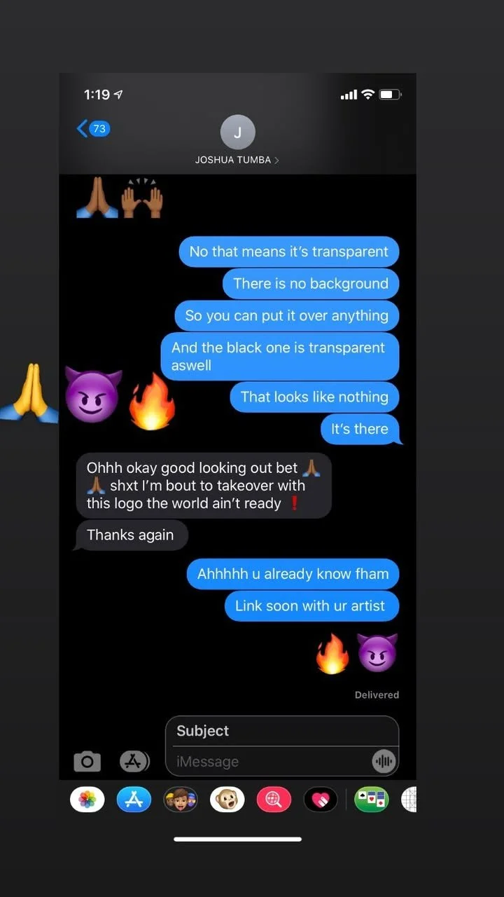 A screenshot of a text message conversation about logos and graphic design, with emojis including praying hands, a purple devil face, and a fire symbol.