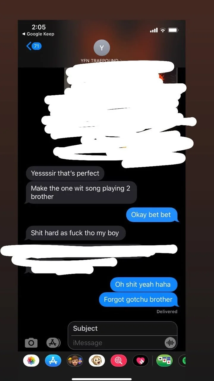 Screenshot of a text message conversation on a smartphone with black background and white text bubbles. The conversation includes references to music and betting, with casual language and humor.