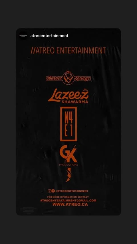Black promotional poster for Atreo Entertainment featuring logos and text for The Barber & Lounge, Lazeez Shawarma, N E T, G K Productions, and contact information at the bottom.