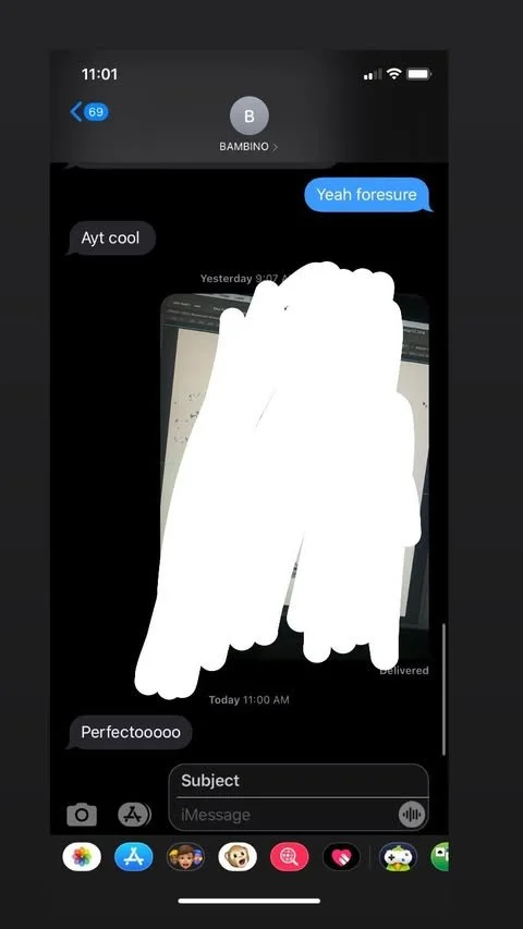 Screenshots of a text message conversation on an iPhone, where one person discusses foreplay and something being cool, and another responds with 'Perfectooooo' and 'Ayt cool'. The messages are seen over a blurred background that shows a webpage or do