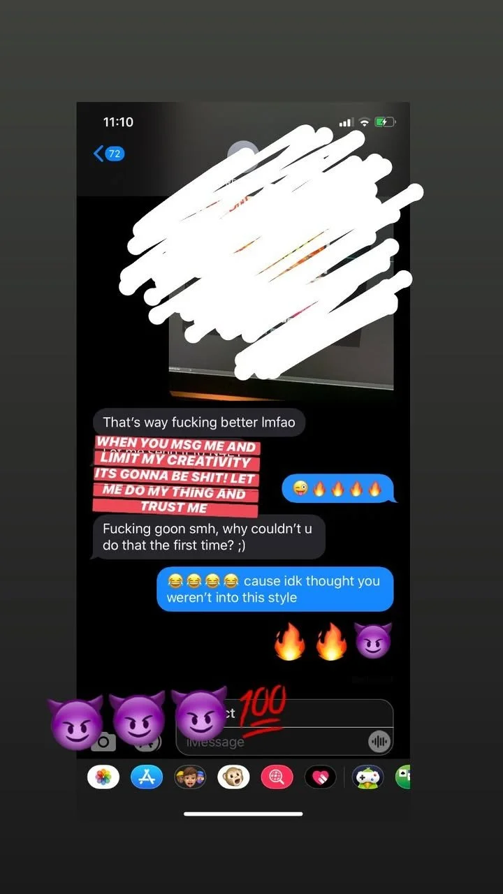 Screenshot of a text message conversation with various emojis and highlighted text, showing an exchange about creativity and style.