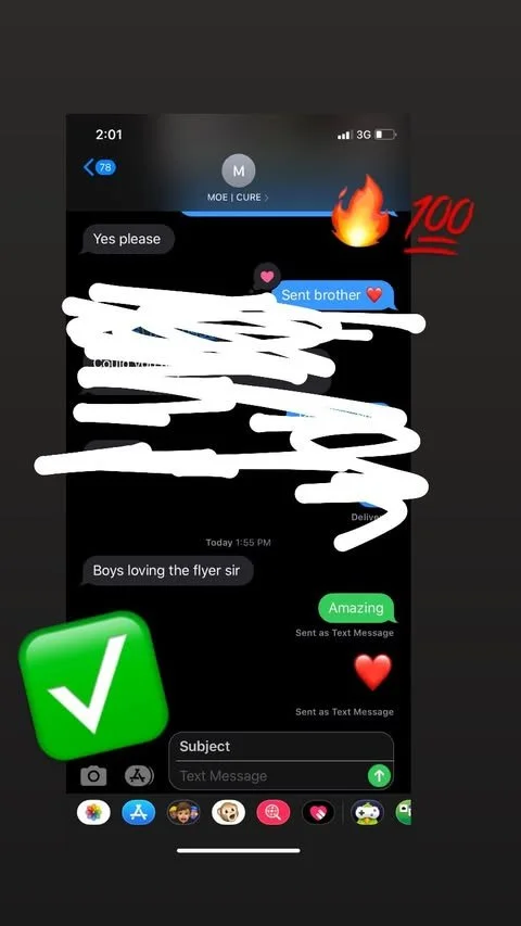 Screenshot of a text message conversation on a smartphone. The messages include a fire emoji, 100 emoji, and hearts. One message says "Sent brother" and another says "Boys loving the flyer sir." The response is "Amazing" with a heart emoji. There are