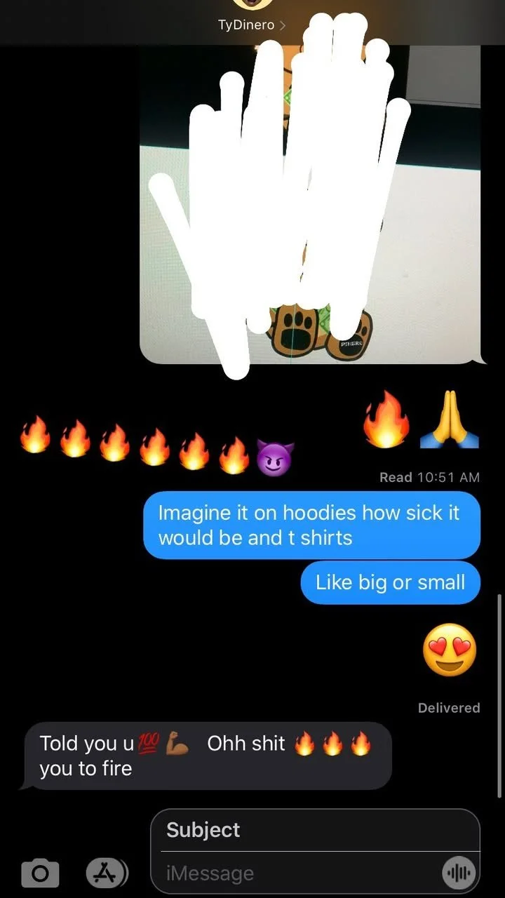 Text message conversation with fire emojis, a purple devil emoji, and a smiling face with heart eyes emoji. The message mentions hoodies and t-shirts, and a response refers to lighting a fire.