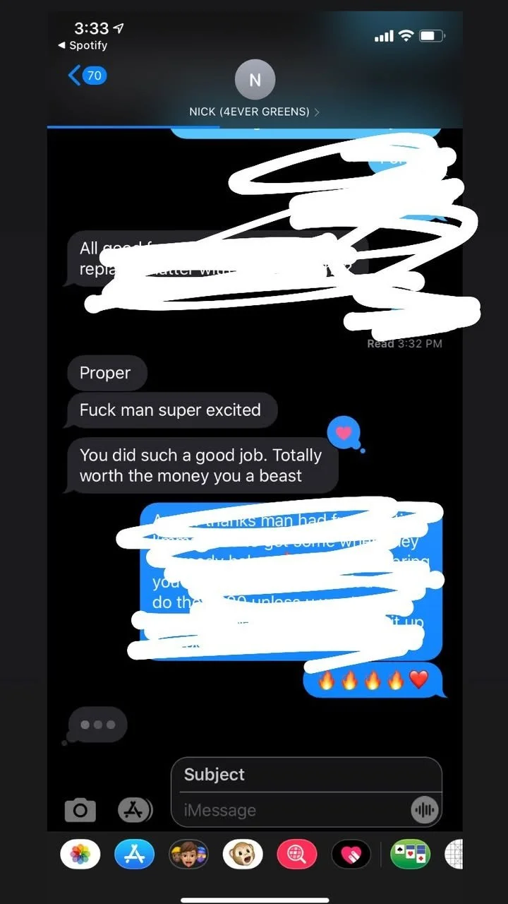 Text message conversation on a phone with a mix of red heart and fire emojis, expressing excitement and appreciation.