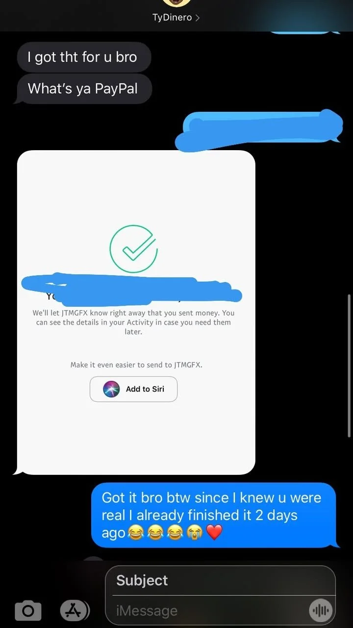Text message conversation about a PayPal transaction, confirming the money was sent successfully, and a reply mentioning completing a task two days ago with laughter and heart emojis.