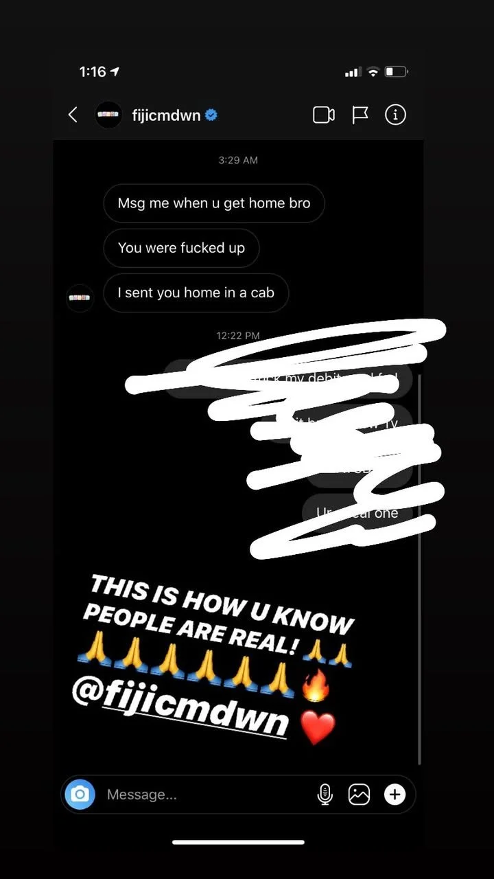 A screenshot of a social media message exchange showing a conversation about being sent home in a cab, followed by a message with text and emojis stating how to recognize real people with the handle '@fijicmdwn' and a red heart.