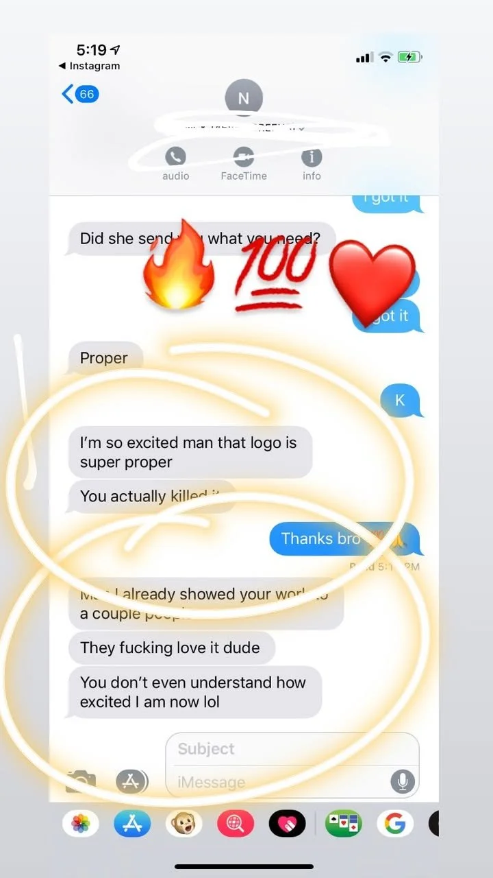 Screenshot of a text message conversation on a smartphone with some emojis and stickers overlaid, including fire, 100, and heart symbols.