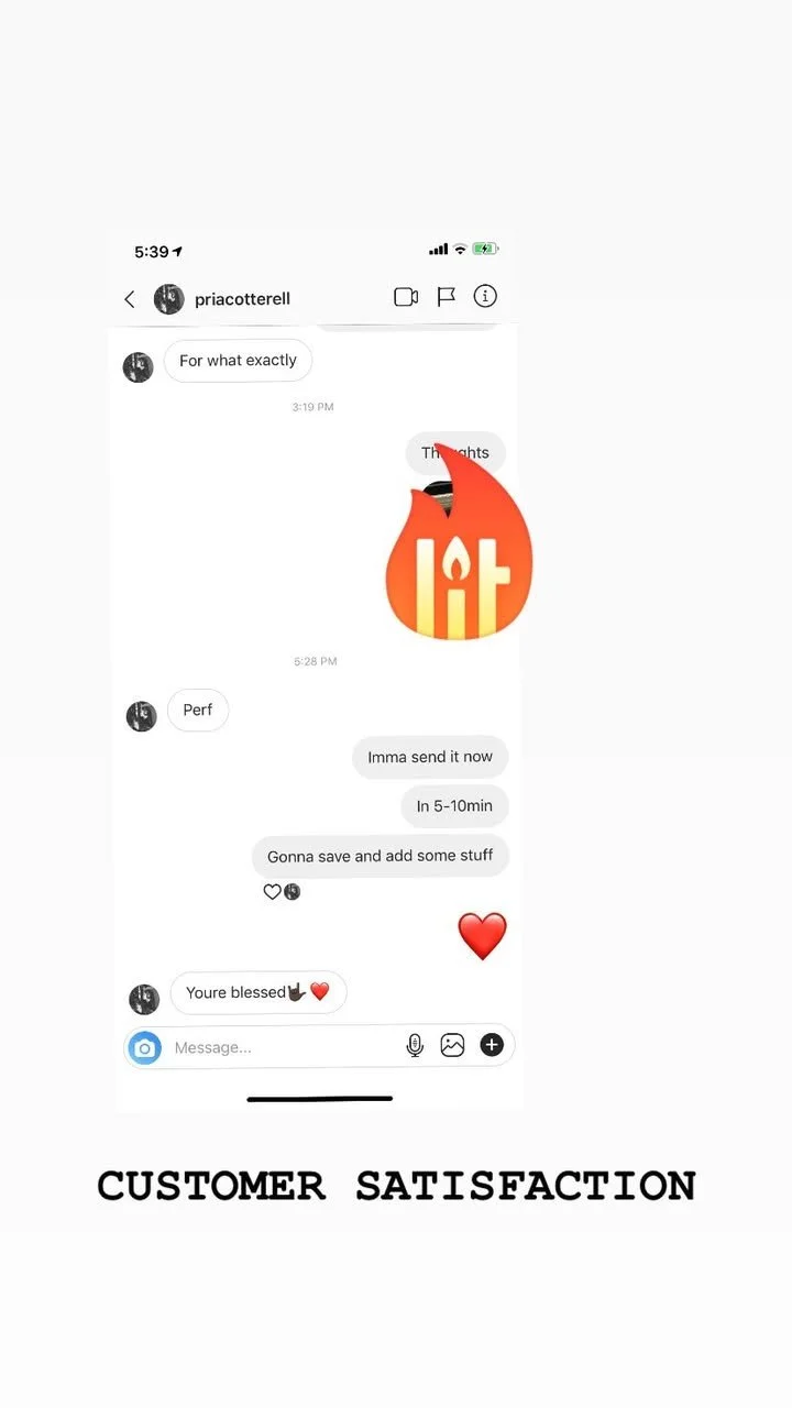 Screenshot of a messaging conversation showing customer satisfaction with emojis, stickers, and a caption that says 'Customer Satisfaction'.