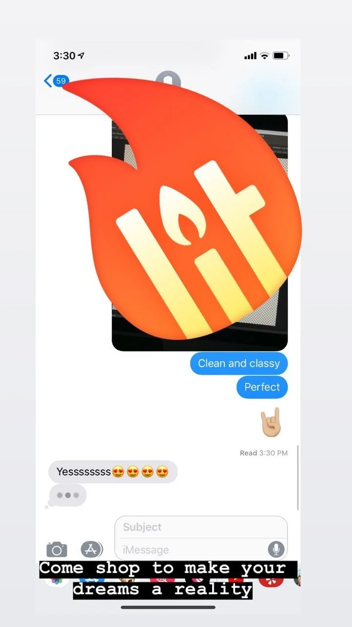 A smartphone screen displaying a text message conversation with a large fire emoji overlay. The messages include compliments like "Clean and classy" and "Perfect," along with a hand gesture emoji. The message at the bottom says "Come shop to make you