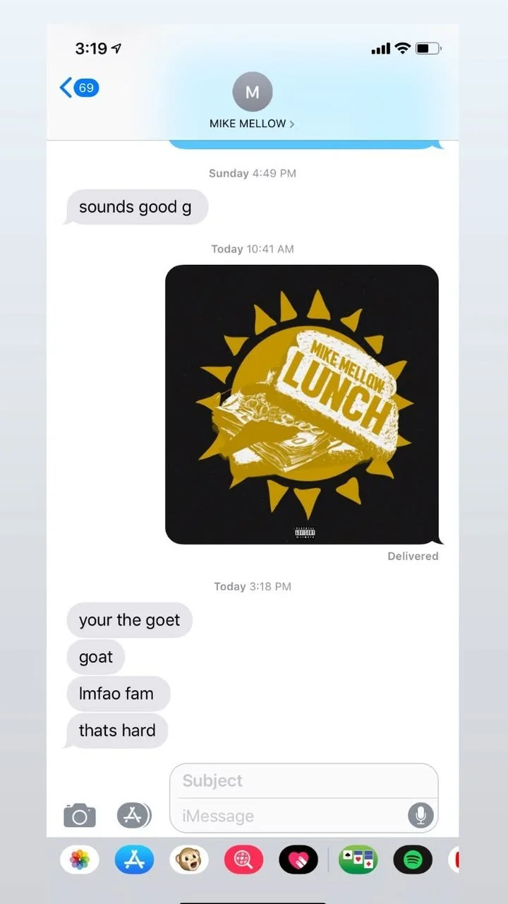 A screenshot of a text message conversation on an iPhone. The first message says 'sounds good g.' The second message shows an album cover titled 'Mike Mellow Lunch' with a yellow sun and a sandwich illustration on a black background. The third messag