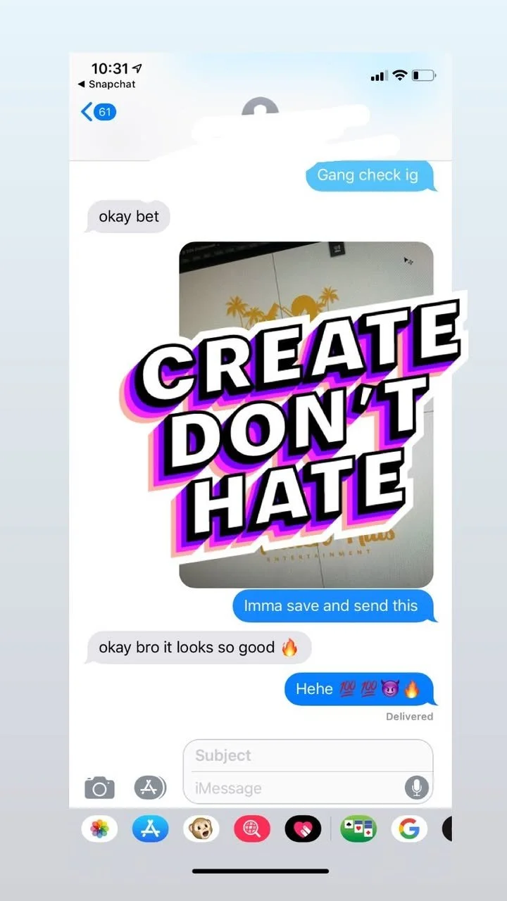 A screenshot of a text message conversation on an iPhone. The conversation involves two people planning to share or create content, with a large overlay sticker that says "CREATE DON'T HATE." The background shows a photo of a Miami-themed card or fly