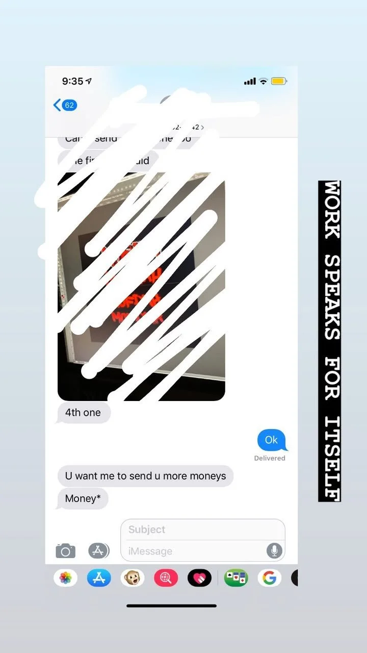Screenshot of a text message conversation discussing sending money, with the background showing a computer screen with red text and a black bezel, partially obscured by white streaks.