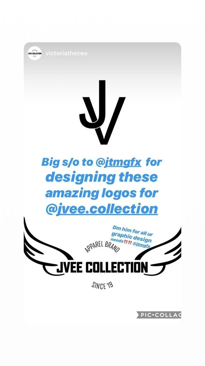 Instagram post expressing gratitude to @jtmgfx for designing logos for @jvee.collection, featuring a black and white logo with wings, and showcasing text about the apparel brand established in 2019.