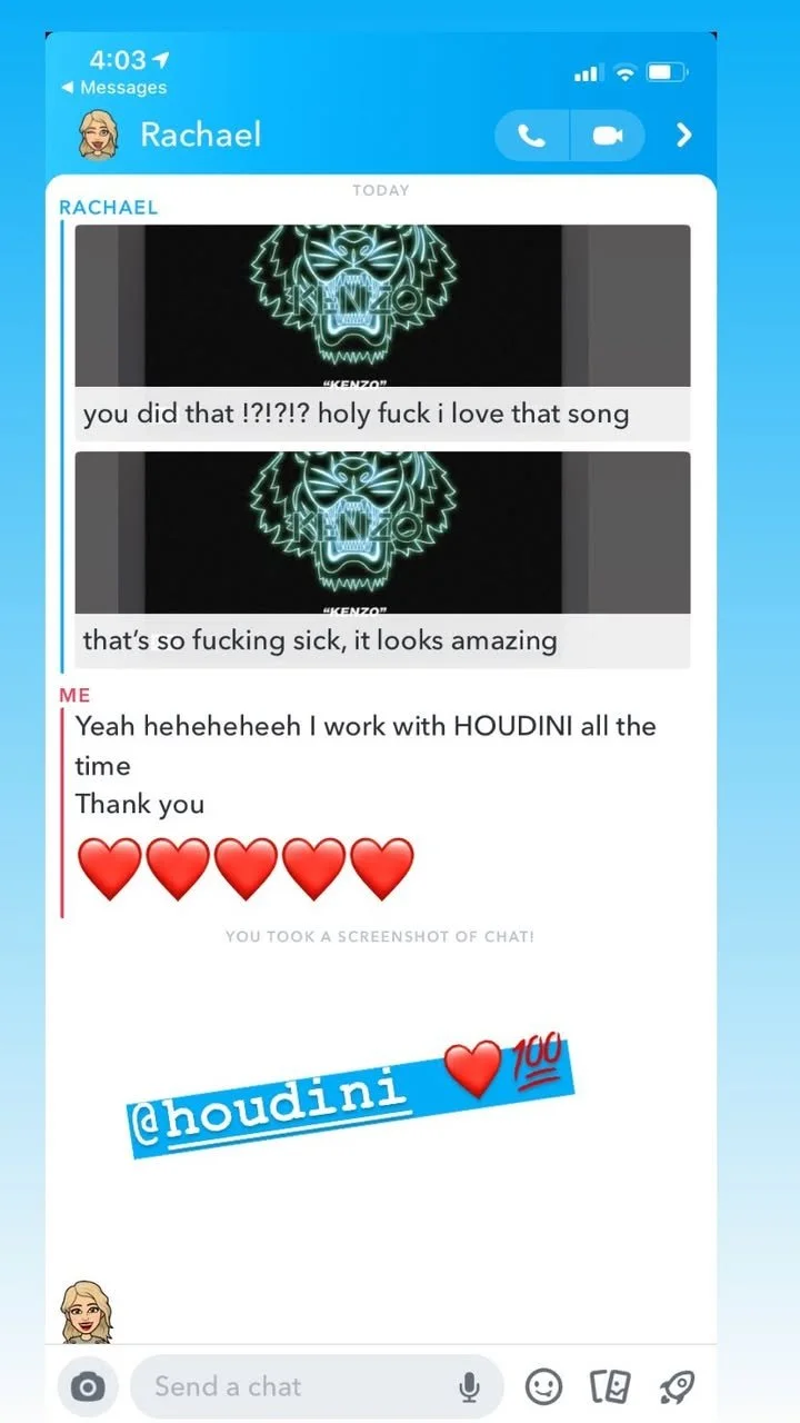 Screenshot of a messaging conversation showing a neon KENZO tiger logo, with a person expressing excitement and admiration, mentioning they work with Houdini software and including red heart emojis and hashtags.