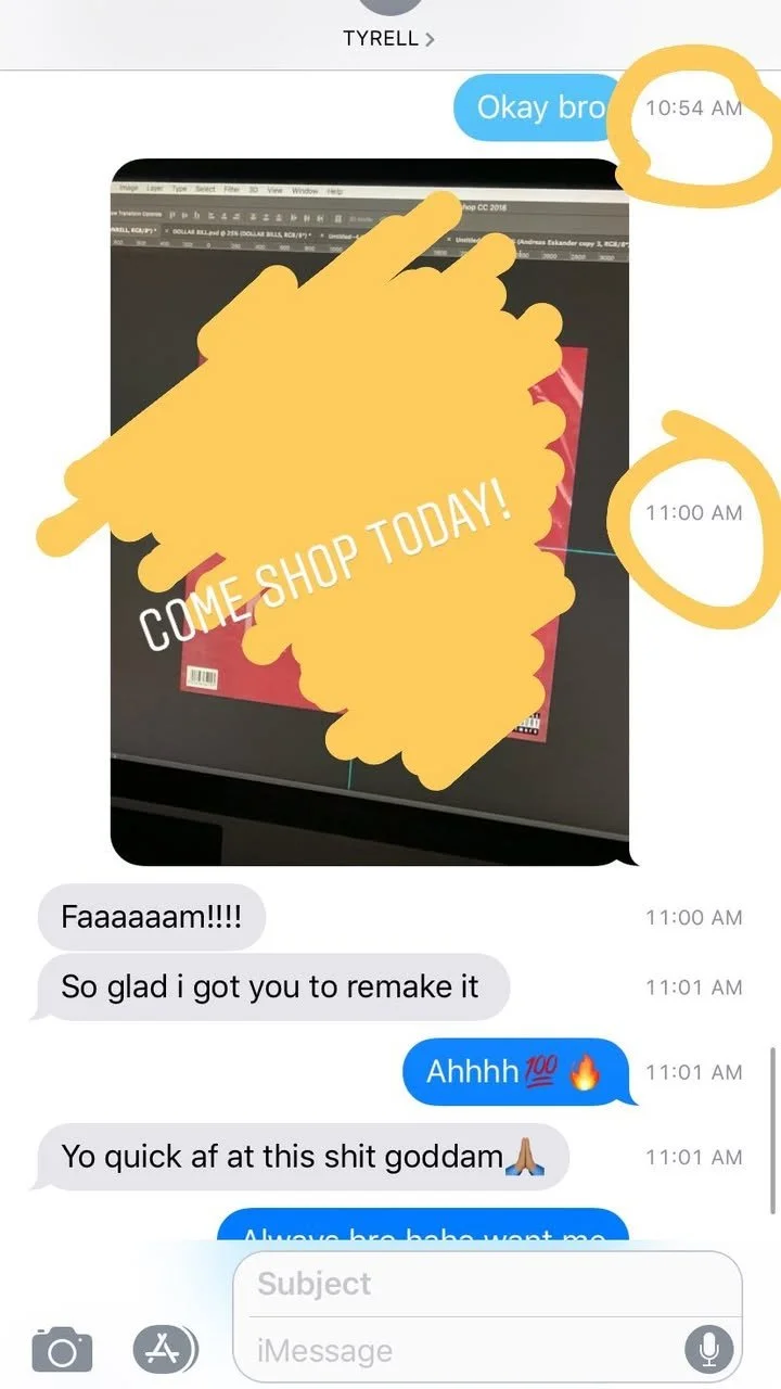 Screenshot of a text message conversation with a background image showing a computer screen with editing software, partially covered by yellow scribbles, and large yellow text saying "COME SHOP TODAY!" The chat includes messages expressing excitement