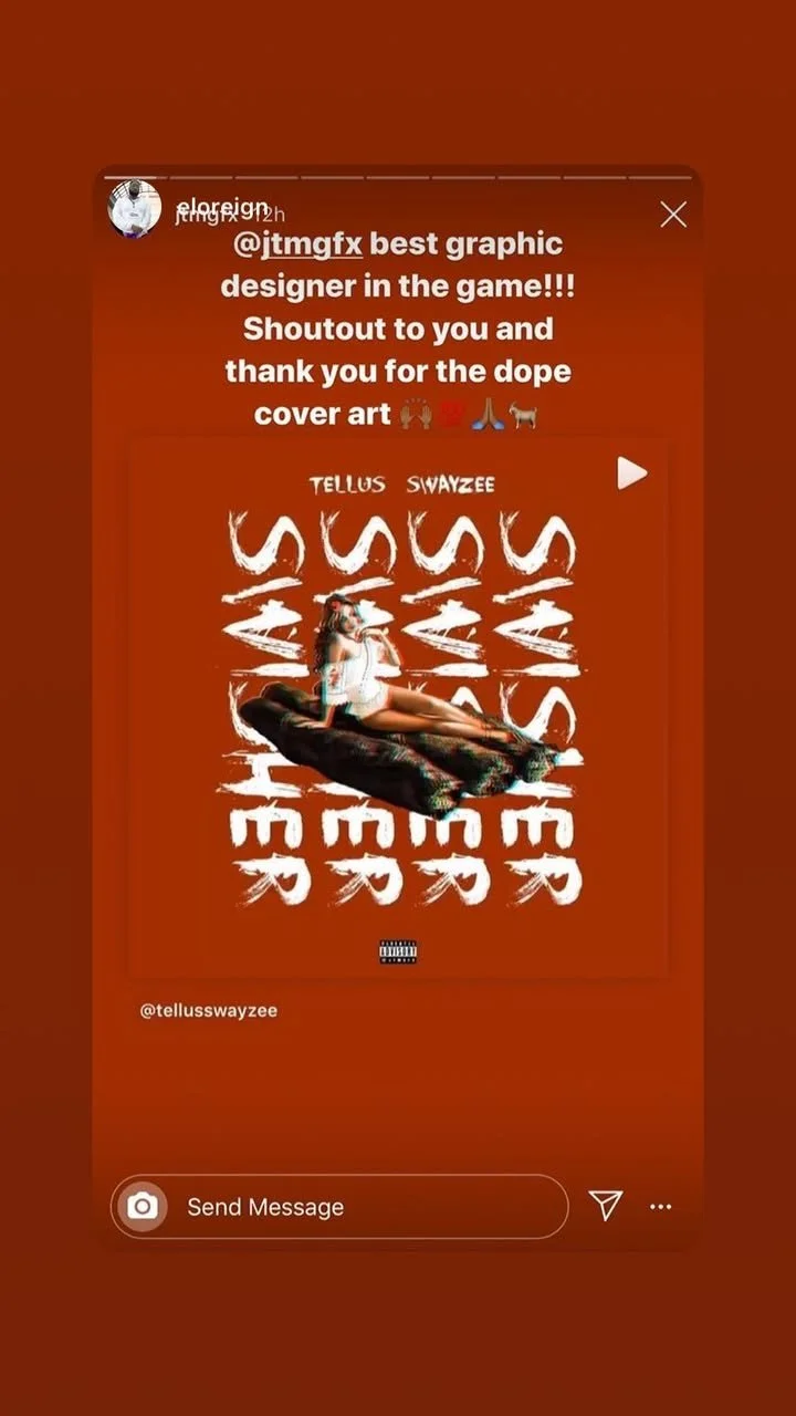 Instagram story promoting graphic artist @telluswayzee, featuring cover art with a woman lying on a bed, with stylized text and thank you message.