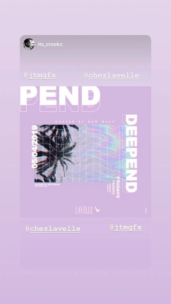 Social media post announcing a PEND event hosted at New Wave on May 5th, 2019, featuring sounds by DATTABASS. The poster has a pastel purple background with a psychedelic design and includes handles @jtmgfx and @chezlaville.
