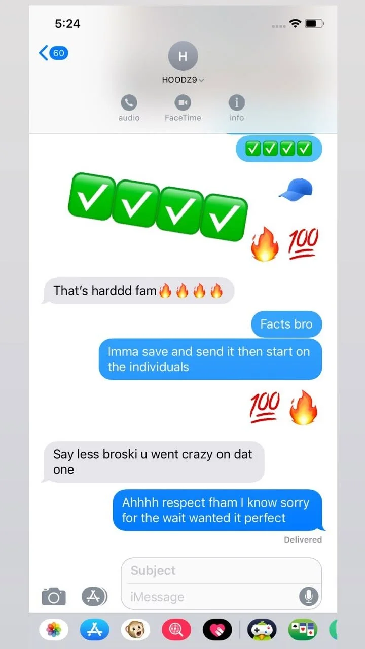 Screenshot of a text message conversation with multiple emojis, including check marks, flames, and 100 symbols, where the participants discuss someone being a hard hitter and praise them.