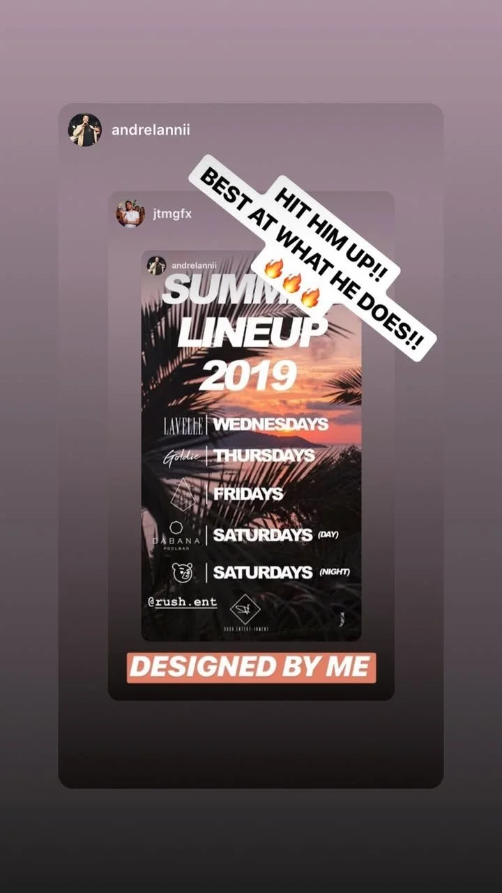 A social media story featuring a summer event lineup for 2019, with days scheduled for Wednesdays, Thursdays, Fridays, and Saturdays, and a background of a sunset with palm trees. Text overlays include praise for a performer and a personal credit for