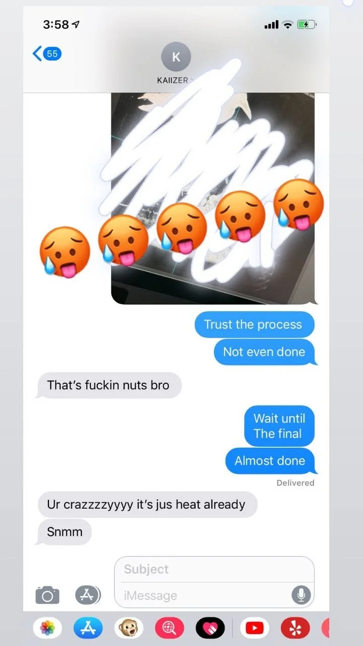 Text message conversation about a cooking process, with a photo of a stove and hot surface with some burn marks, covered with white scribbles and multiple crying face emojis.