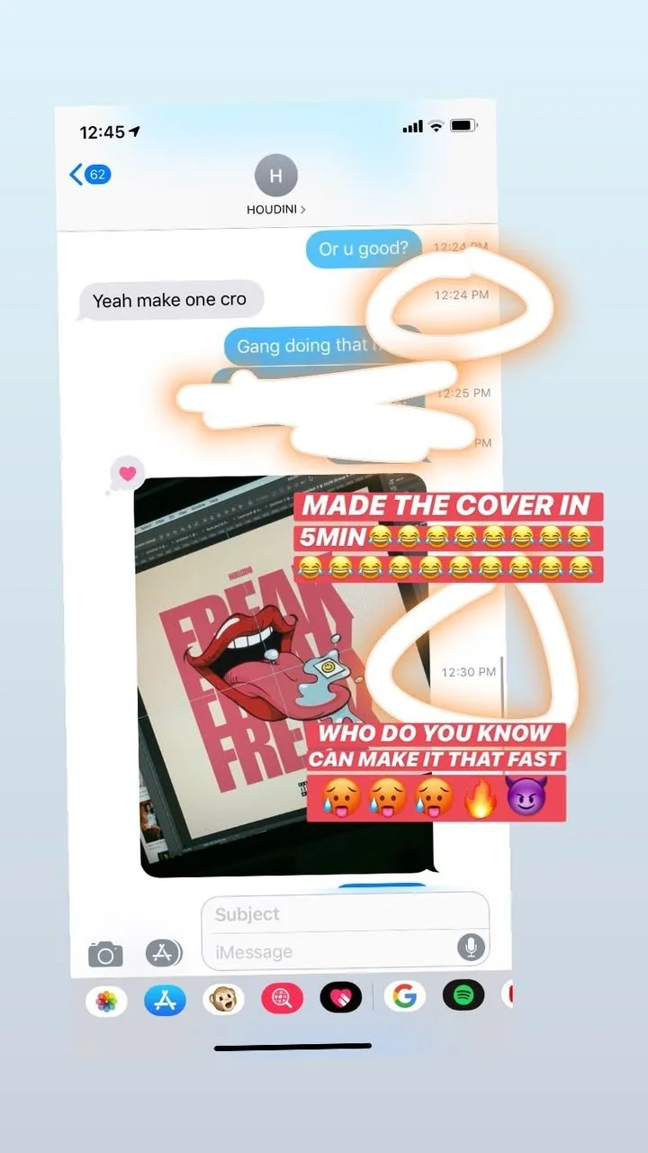 Screenshot of a text conversation about creating a quick cover for a design, featuring an image of a graphic with lips and a tongue, with overlay text praising the speed of creation.