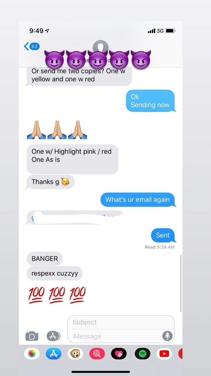 Screenshot of a text message conversation with emojis and stickers, including purple devil faces and prayer hands, discussing sending copies of documents with specific colors and highlights.