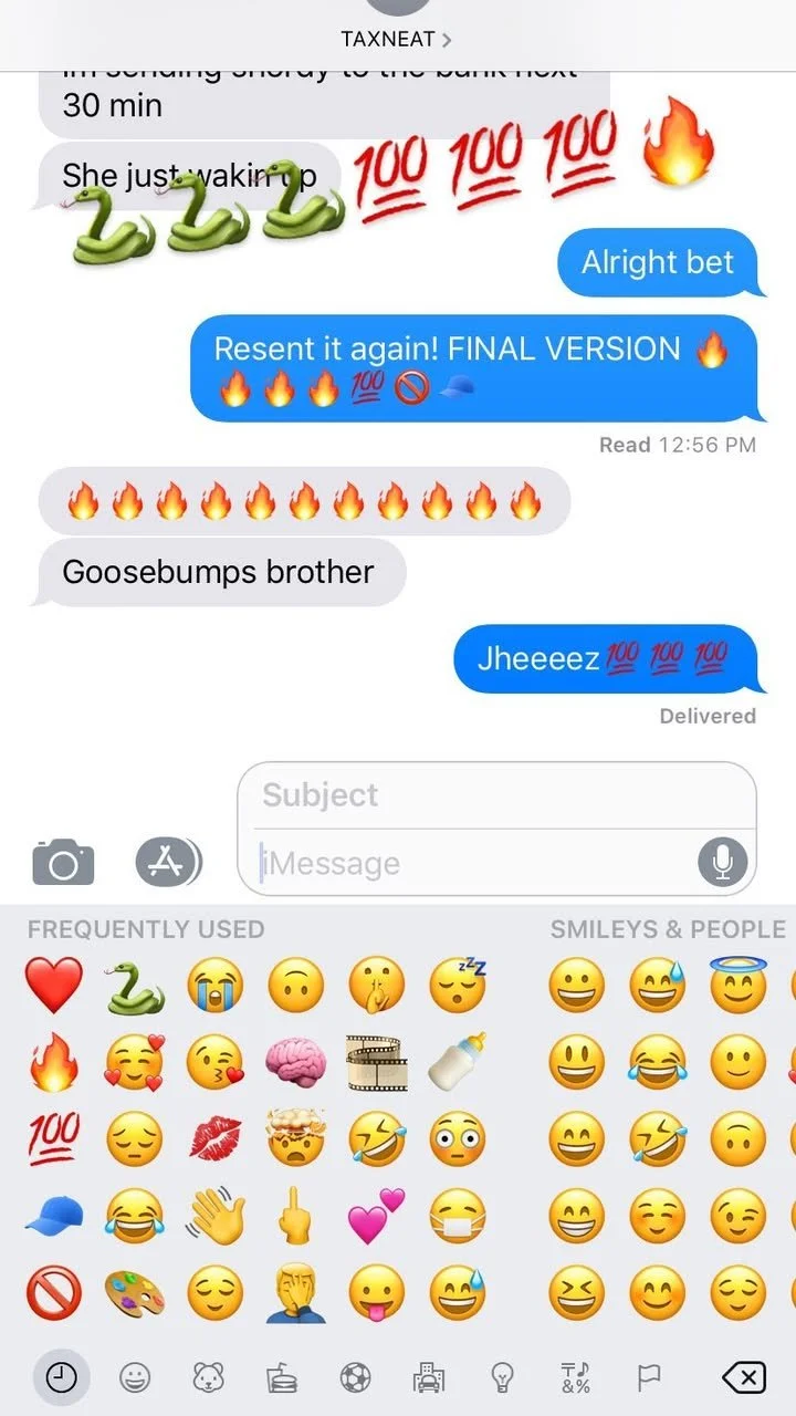 Text message conversation with multiple emojis including snakes, 100 symbols, fire, and a no symbol.