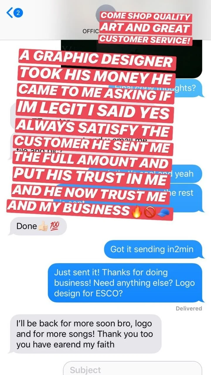 Screenshot of a text message conversation with a large red overlay containing a statement about trust, money, and business, along with emojis, and blue message bubbles showing the exchange related to logo design for ESCO.