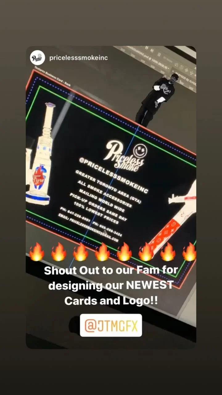 Image of a digital business card for Priceless Smoke, featuring a bottle illustration, contact info, and a shout-out message with flame emojis.