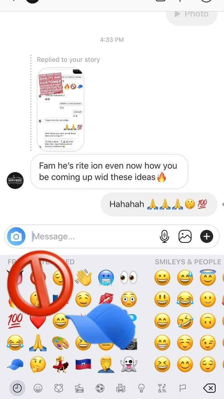 Screenshot of a messaging app showing a conversation and an emoji keyboard with a red prohibited sign and a blue cap emoji overlayed.