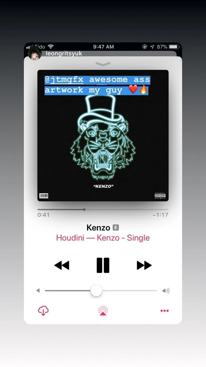 Music player screen showing song titled 'Kenzo' by Houdini, with album artwork of a neon outline lion wearing a top hat, and a message mentioning '@jtmgfx awesome ass artwork my guy' with heart and fire emojis.