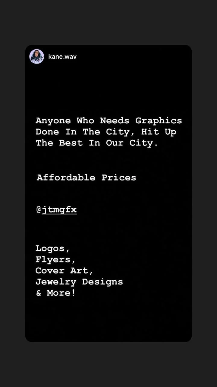 A social media post advertising graphic design services, including logos, flyers, cover art, jewelry designs, and more, with contact handle @jtmgfx.