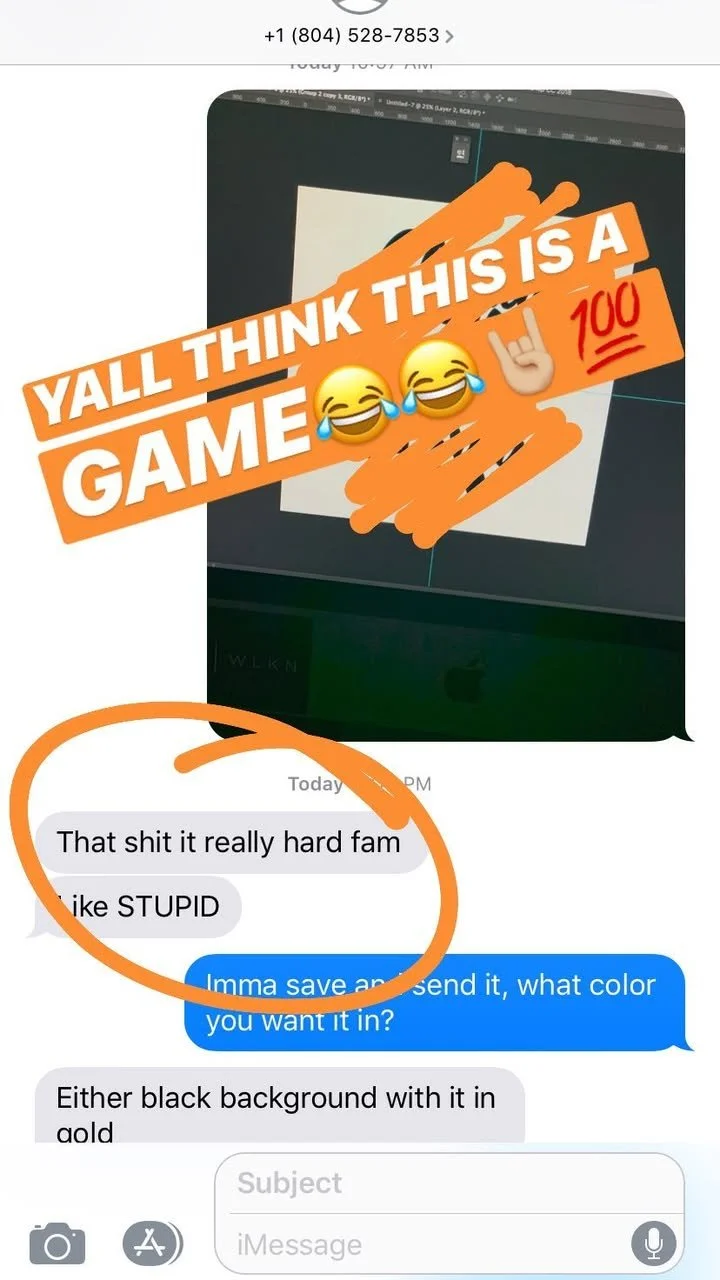 Group chat discussion about creating a design with a black background and text in gold, showing a conversation about difficulty, color preferences, and saving the design.
